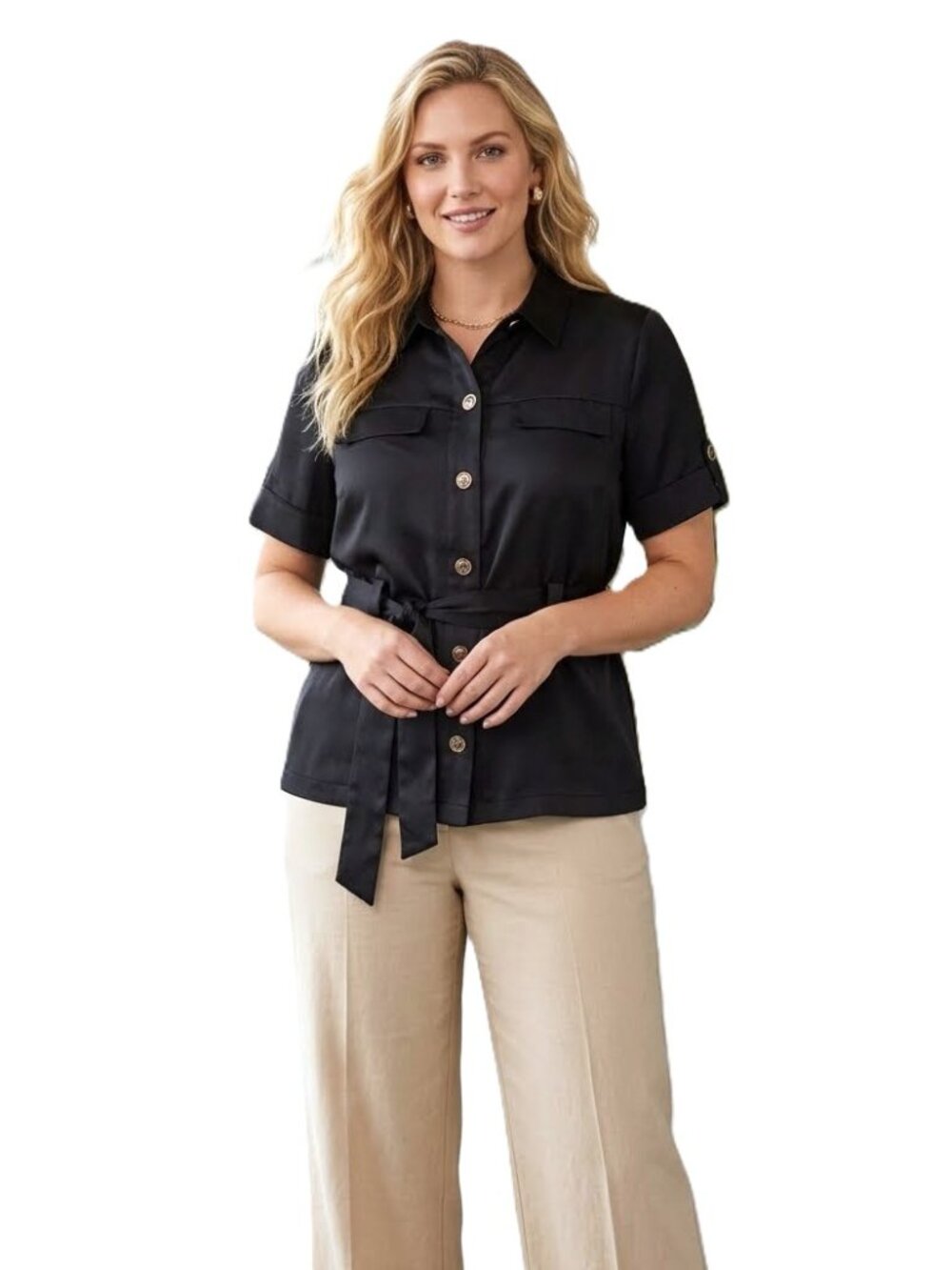 MARC NEW YORK BY ANDREW MARC Short-Sleeve Button-Up Top. Size L